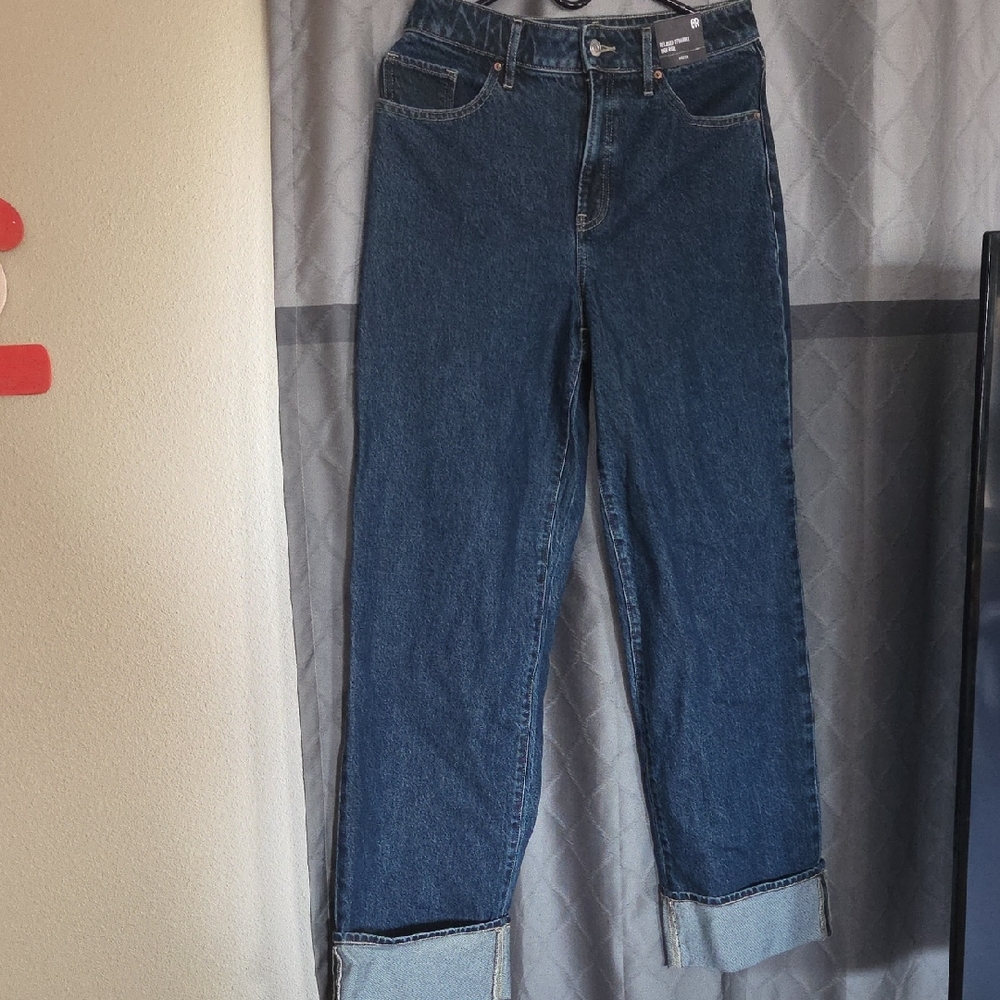 Express HIGH WAISTED DARK WASH CUFFED HEM RELAXED STRAIGHT JEANS